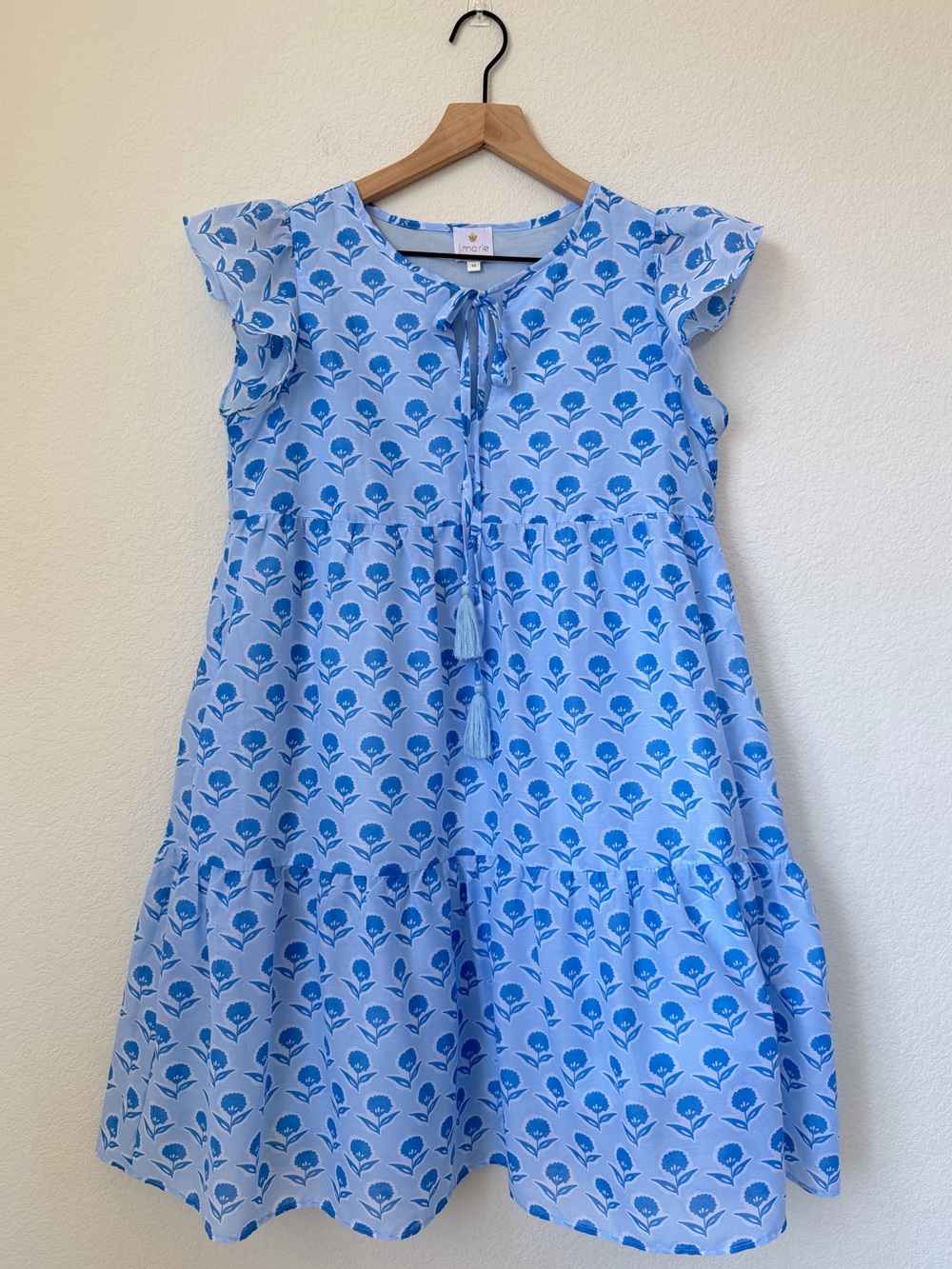 J.MARIE Blue White Floral Dress Womens Sz M Shirred Tiered Keyhole Tassel